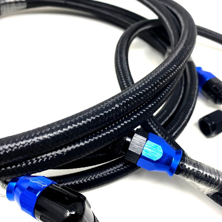 Black braided cable with blue connectors on a white background